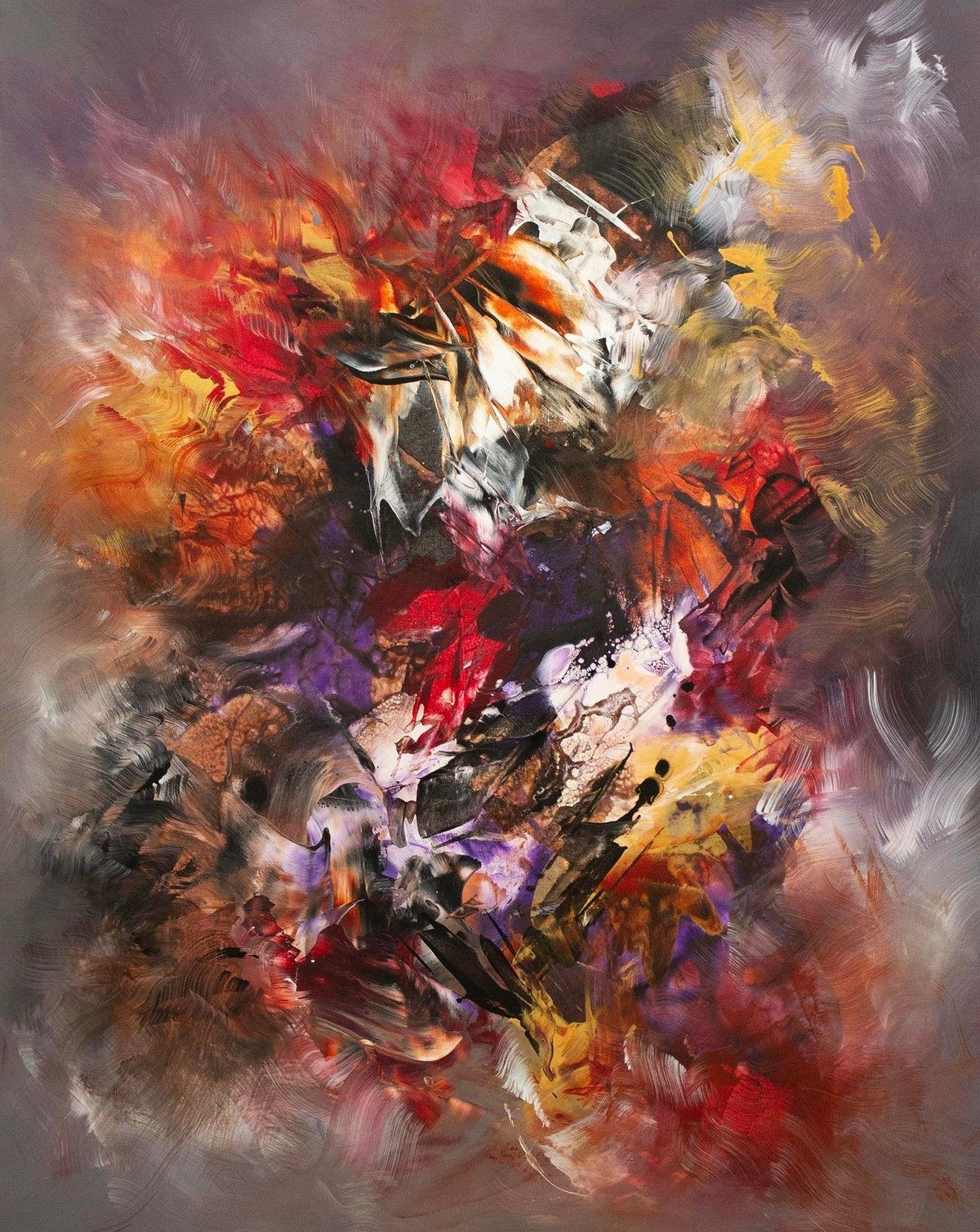 Moonlit Garden I, original Crimson, Gold, Grey abstract painting by Paresh Nrshinga.