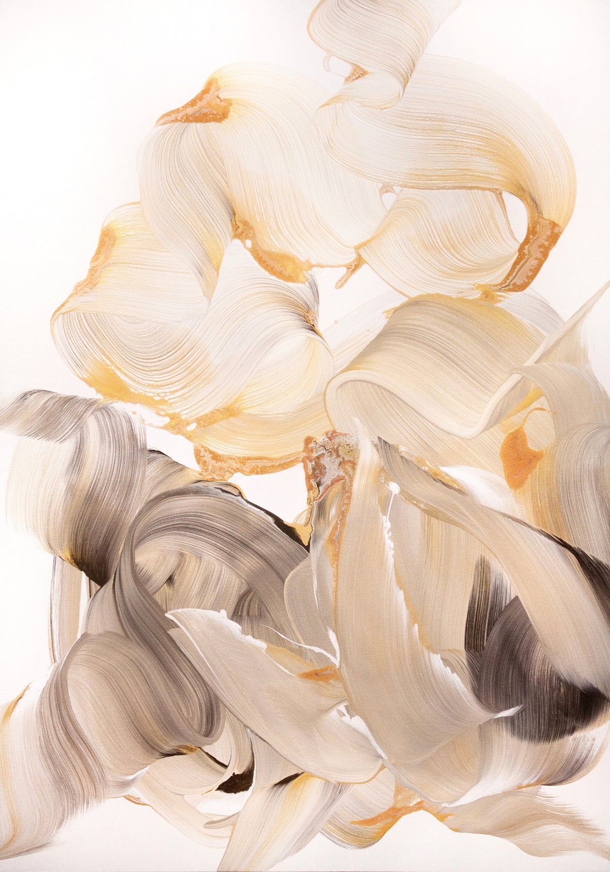 Quiet Light by Paresh Nrshinga, ivory and gold abstract painting, original canvas view