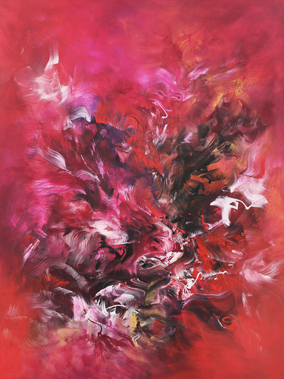 No Holding Back by Paresh Nrshinga, original abstract painting in crimson, magenta, plum, black and white