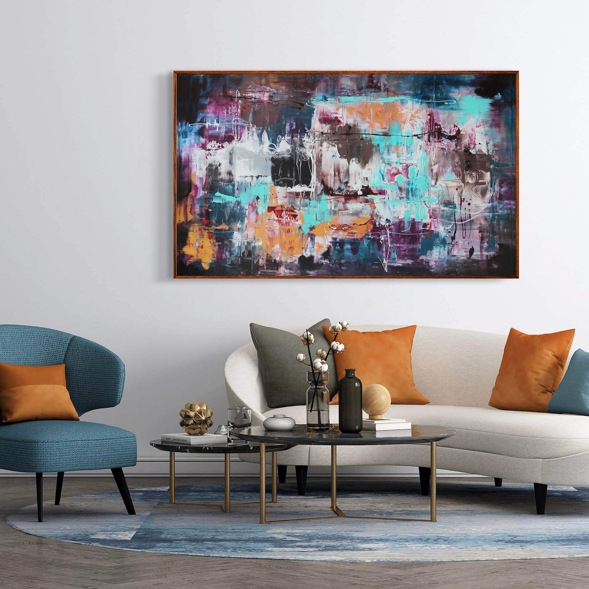 Northern Mirage, original Multicolour abstract painting by Paresh Nrshinga displayed in a contemporary interior.
