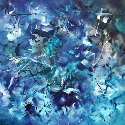 Ocean's Embrace, original Blue, Navy, Red abstract painting by Paresh Nrshinga.
