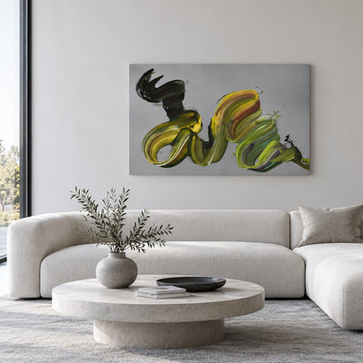The Rhythm Within by Paresh Nrshinga, olive green and grey abstract painting above a cream sofa in a bright living room