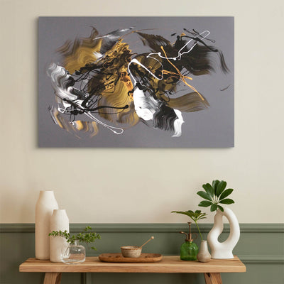 Golden Whispers II by Paresh Nrshinga, gold, ivory and charcoal abstract painting, another view of the artwork