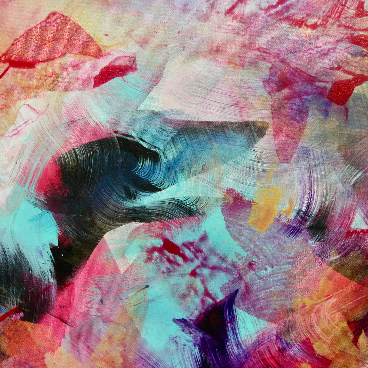 Fine art square canvas in coral, plum and teal palette