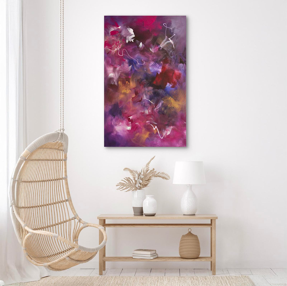 Violets and Pink by Paresh Nrshinga, violet and blush pink abstract painting, another interior view