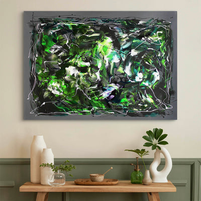 Modern abstract painting with dynamic white and black accents