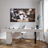 Original artwork, neutral abstract canvas, black white brown painting, purchase art, Modern office with a white desk, chair, and abstract painting on the wall.