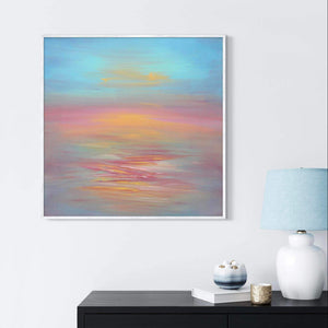 Vibrant abstract seascape painting with pastel sunset hues, opriginal artwork for sale, pink and blue seascape art