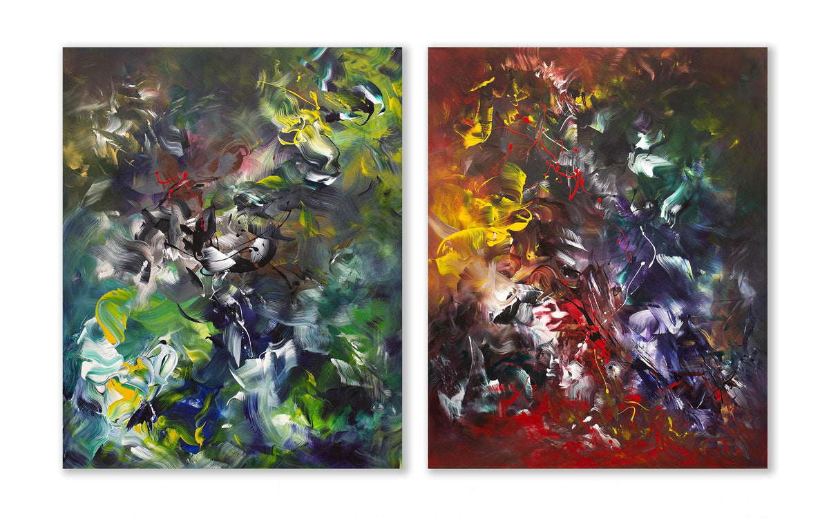 extra large colourful abstract canvas diptych for home or office