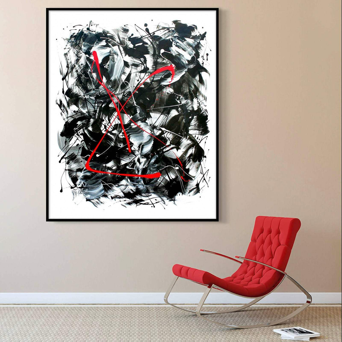 My Ritual abstract painting by Paresh Nrshinga featuring red linear elements and monochromatic gestural brushwork, modern art collection