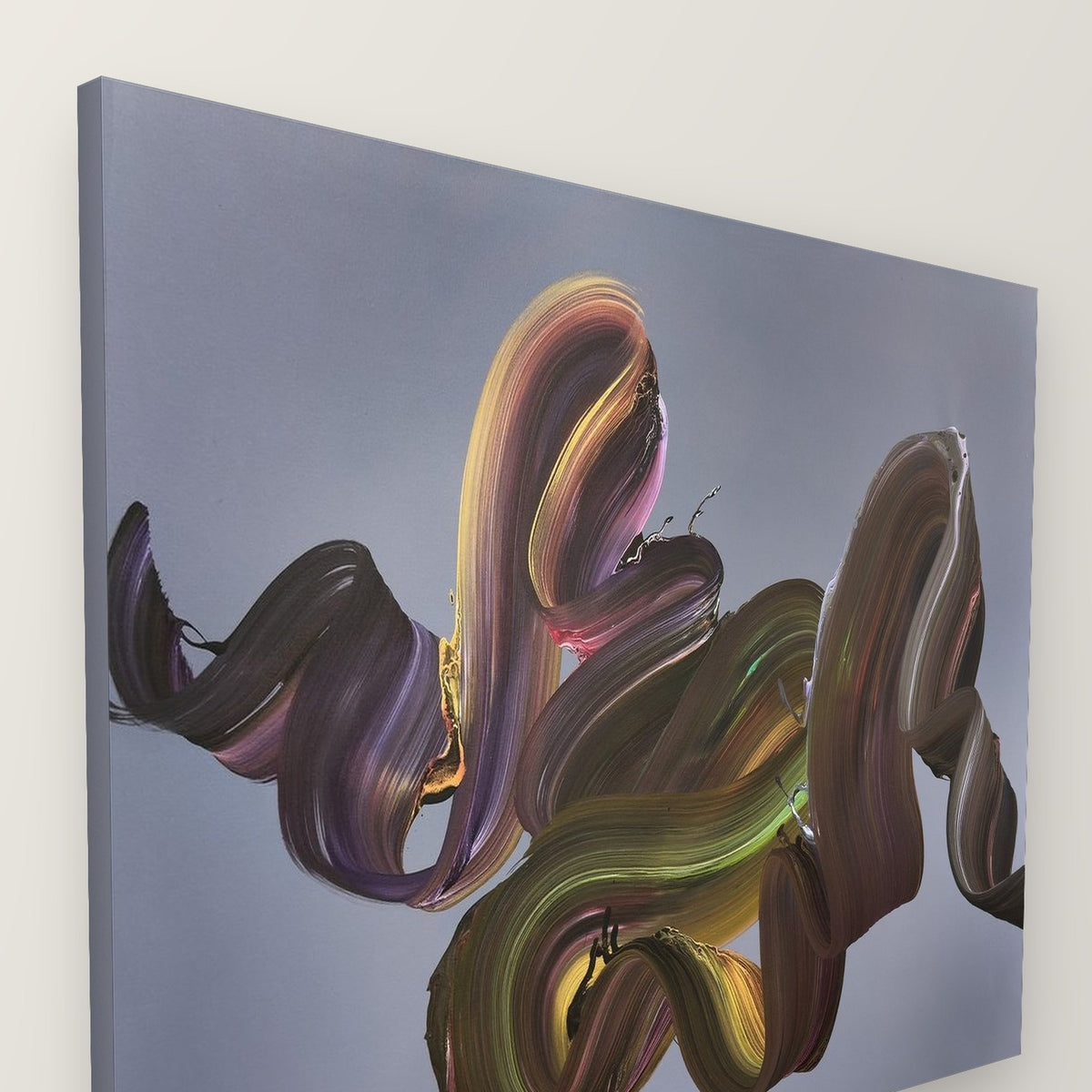 Side view of A Moment Unscripted by Paresh Nrshinga, showing the unframed canvas with sides painted in soft grey