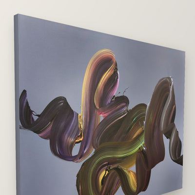 Side view of A Moment Unscripted by Paresh Nrshinga, showing the unframed canvas with sides painted in soft grey