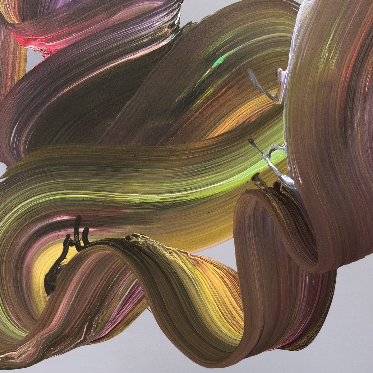 Detail of A Moment Unscripted by Paresh Nrshinga, twisting plum and golden brushstrokes