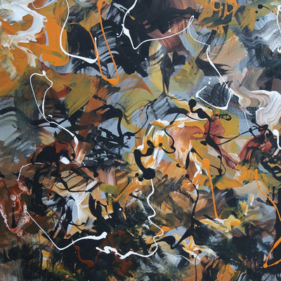Pollock Inspired Art | Dance Of Love 36x48"
Large abstract painting featuring vibrant orange, black, and gray brushstrokes in a dynamic, energetic composition reminiscent of Jackson Pollock's famous drip paintings. The chaotic, expressive style creates a sense of movement and emotion.