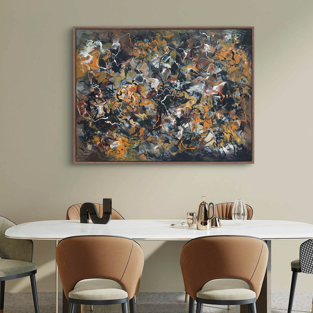 Large abstract portrait artwork in earthy, warm colors displayed on a wall above a white dining table with chairs in a minimalist, modern interior setting.