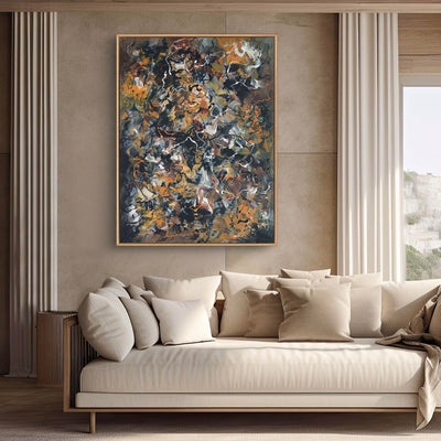 Pollock Inspired Art | Dance Of Love 36x48" - Abstract expressionist painting with vibrant, earthy colors and dynamic brushstrokes adorning the living room wall above a comfortable, neutral-toned sofa.