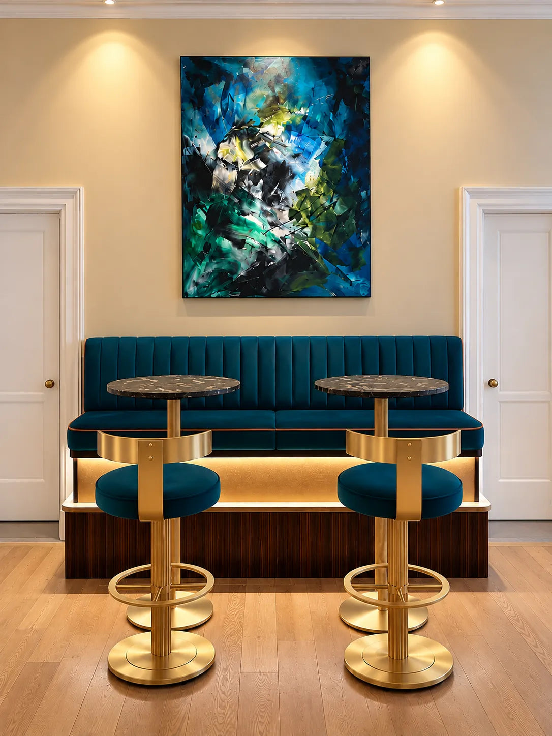 Blue and green abstract painting in the seating area of Muse Bar at RSA House, London.