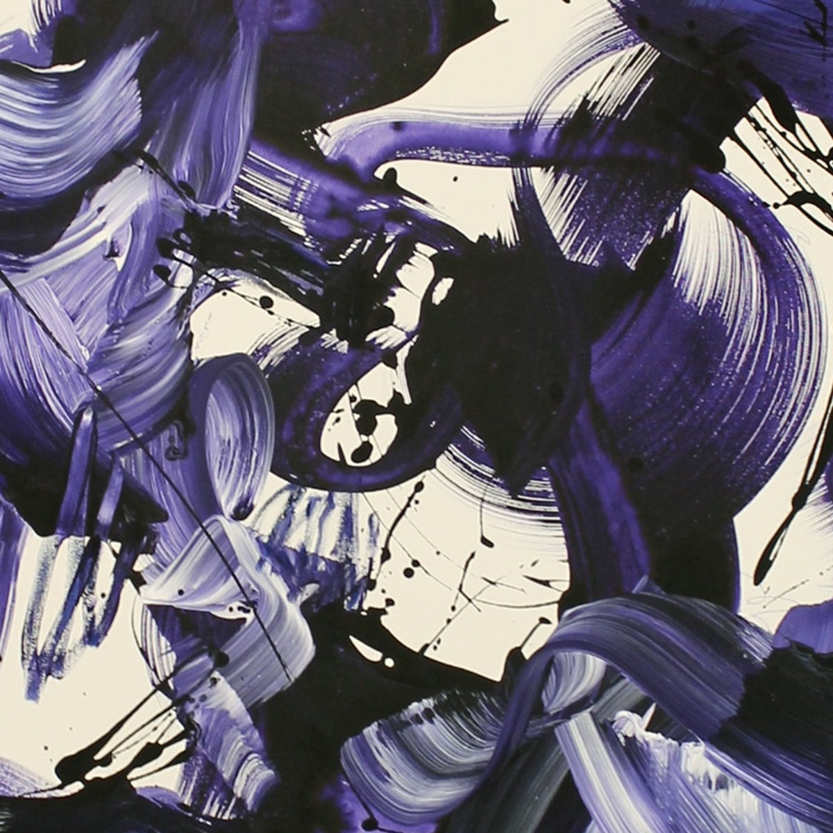Detail of Unleashed by Paresh Nrshinga, sweeping violet brushstrokes with black drips on cream