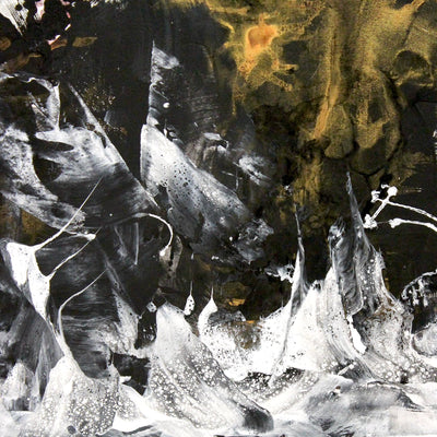 Large abstract landscape painting featuring dramatic black and white brushstrokes, creating a sense of motion and depth against a warm, earthy background.