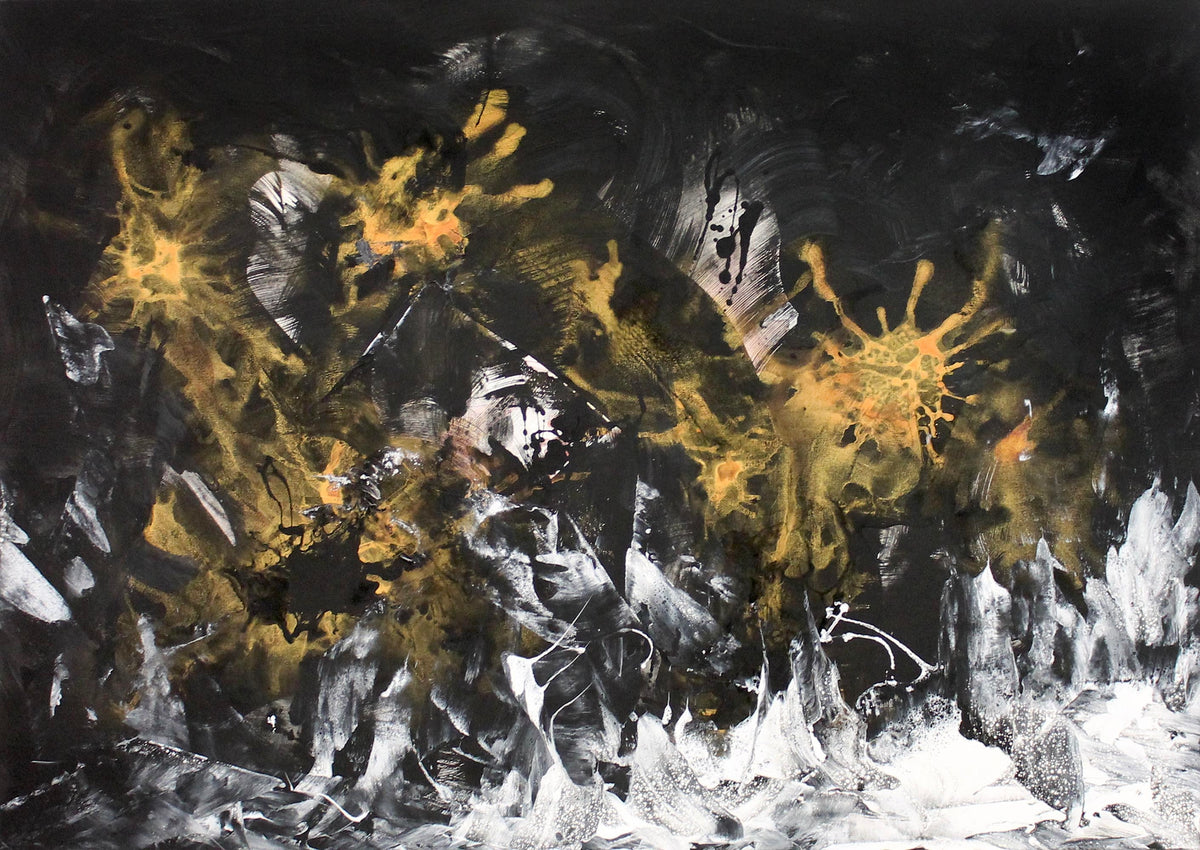 Dramatic abstract landscape painting depicting vibrant golden bursts of light against a dark, stormy background.