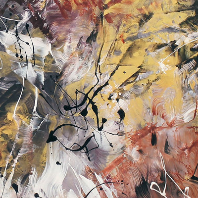 Detail of Just Before by Paresh Nrshinga, ochre and rust brushstrokes with black drips and white lines