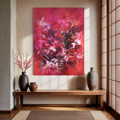 No Holding Back by Paresh Nrshinga hanging above a wooden bench with ceramic vases in a calm hallway