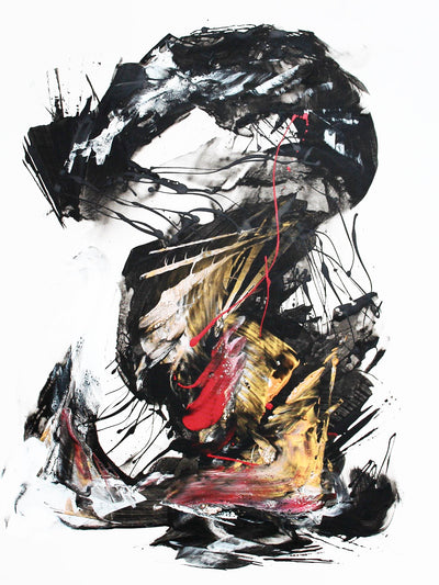 Rise of the Dragon, original Black, Gold, Red abstract painting by Paresh Nrshinga.