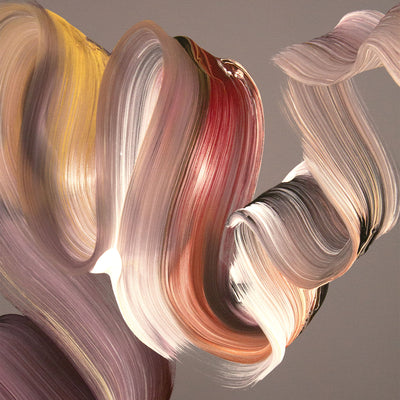 Detail of Moments in Motion by Paresh Nrshinga, flowing ochre, crimson and cream brushstrokes