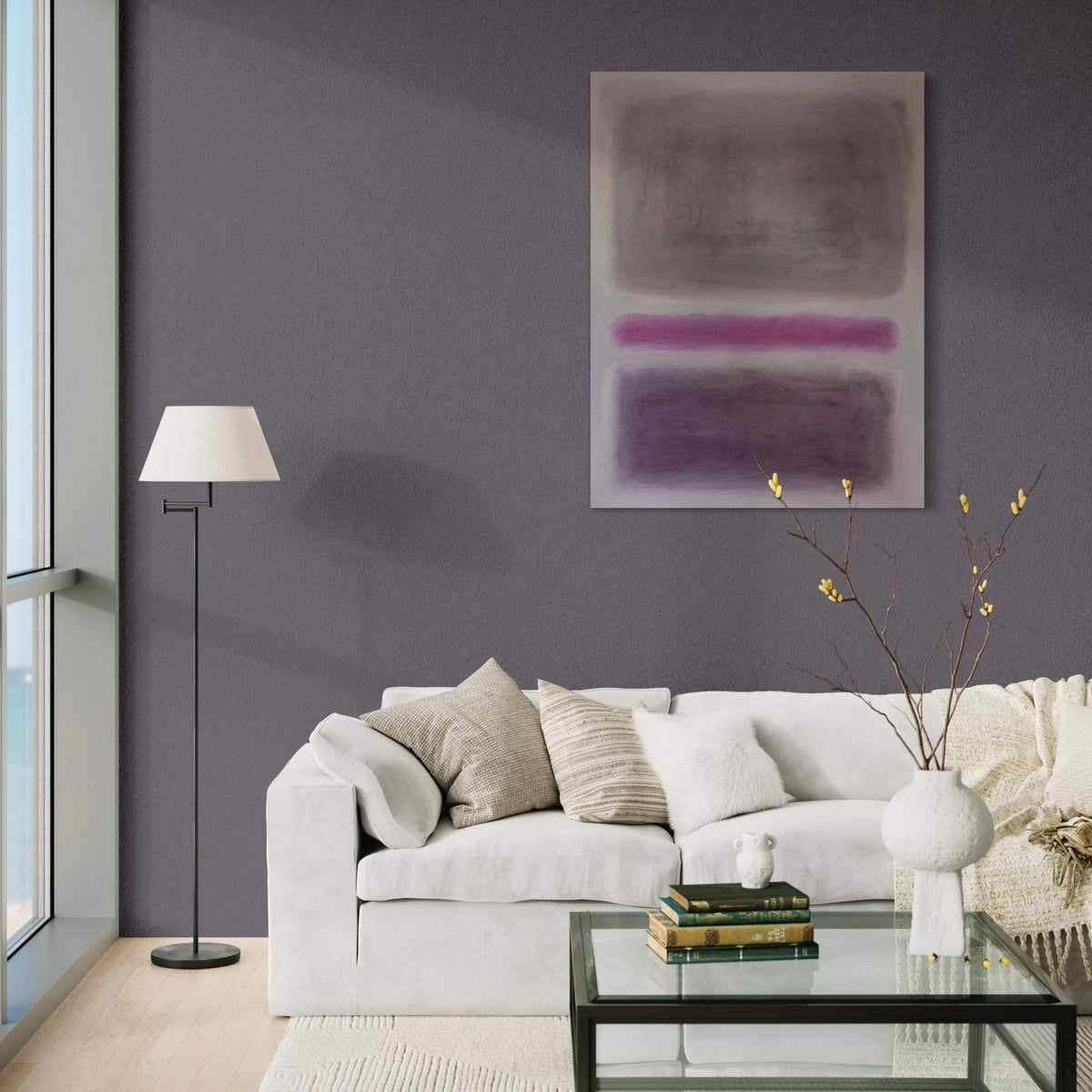 Precious Moments II by Paresh Nrshinga, abstract painting above a white sofa