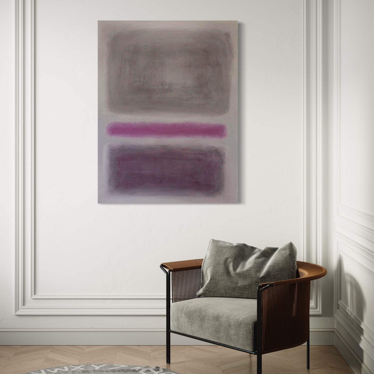 Precious Moments II by Paresh Nrshinga, geometric abstract painting displayed beside a wooden armchair