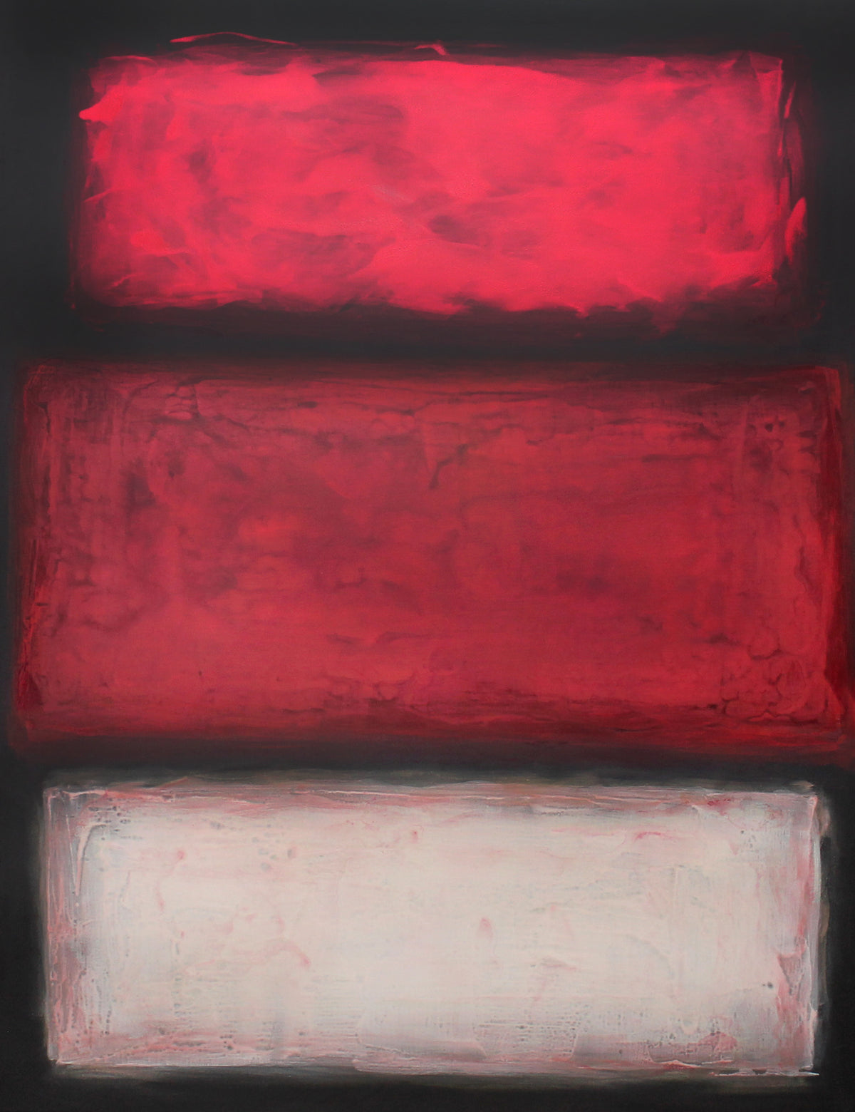 Bold red abstract canvas art with geometric shapes and textures