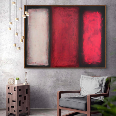 Vibrant Abstract Art | Framed Rothko-Inspired Canvas Painting in Red Hues, Displayed in Modern Decor Setting