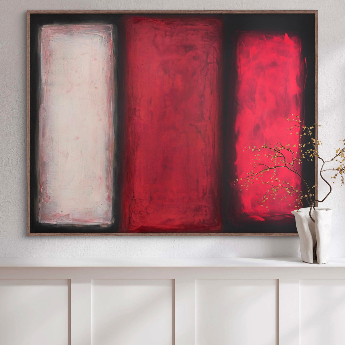 Large Abstract Geometric Art | Vibrant Crimson and Pastel Triptych | Contemporary Home Decor