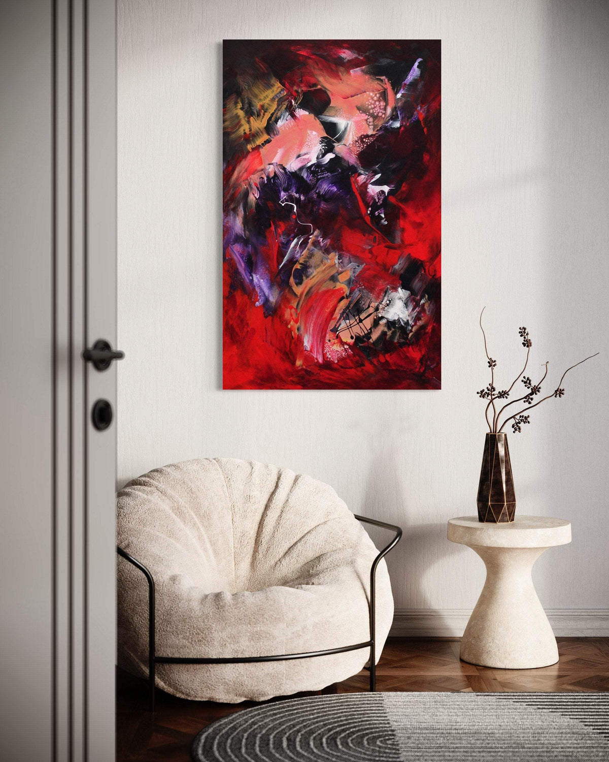 Scarlet Whispers, original Purple, Red abstract painting by Paresh Nrshinga displayed in a contemporary interior.