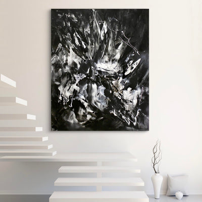 Shadow and Gesture, original Black, White abstract painting by Paresh Nrshinga displayed in a contemporary interior.