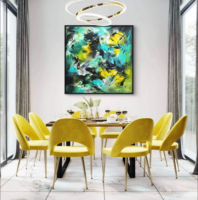 Vibrant Abstract Artwork | Large Colorful Canvas Painting Hanging in Modern Dining Room with Yellow Upholstered Chairs