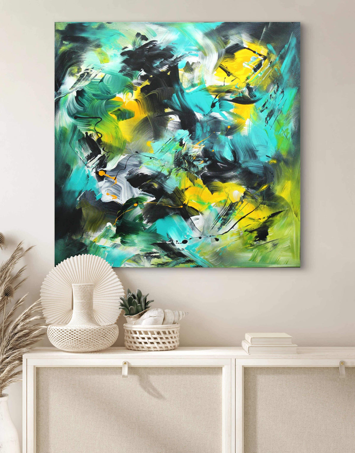 Vibrant abstract painting with lush foliage and bursts of color. Large canvas artwork featuring green leaves, splashes of yellow, and dynamic brushstrokes. Modern art piece suitable for home or office decor. Original abstract canvas painting by artist Paresh Nrshinga.