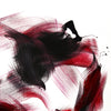 square abstract painting in red black and white