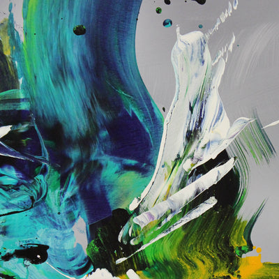 Large modern abstract painting with dynamic blue and green forms