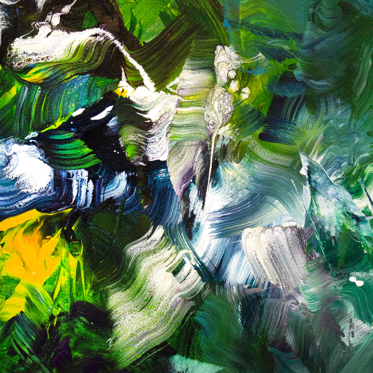 Vibrant abstract jungle canvas art with swirling green, yellow, and blue brushstrokes depicting a lush, nature-inspired scene.