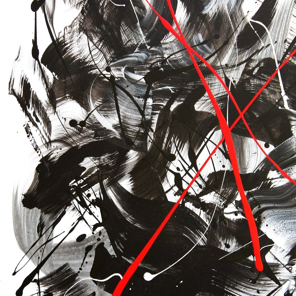 Large statement wall art with red accent lines and monochromatic abstract expressionist style, perfect for contemporary interiors