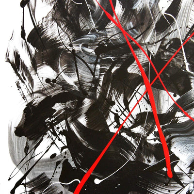 Large statement wall art with red accent lines and monochromatic abstract expressionist style, perfect for contemporary interiors