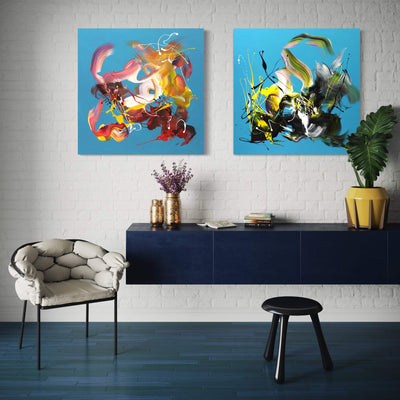 Summer In The City I and II, original Blue abstract painting by Paresh Nrshinga displayed in a contemporary interior.