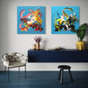 Summer In The City I and II, original Blue abstract painting by Paresh Nrshinga displayed in a contemporary interior.