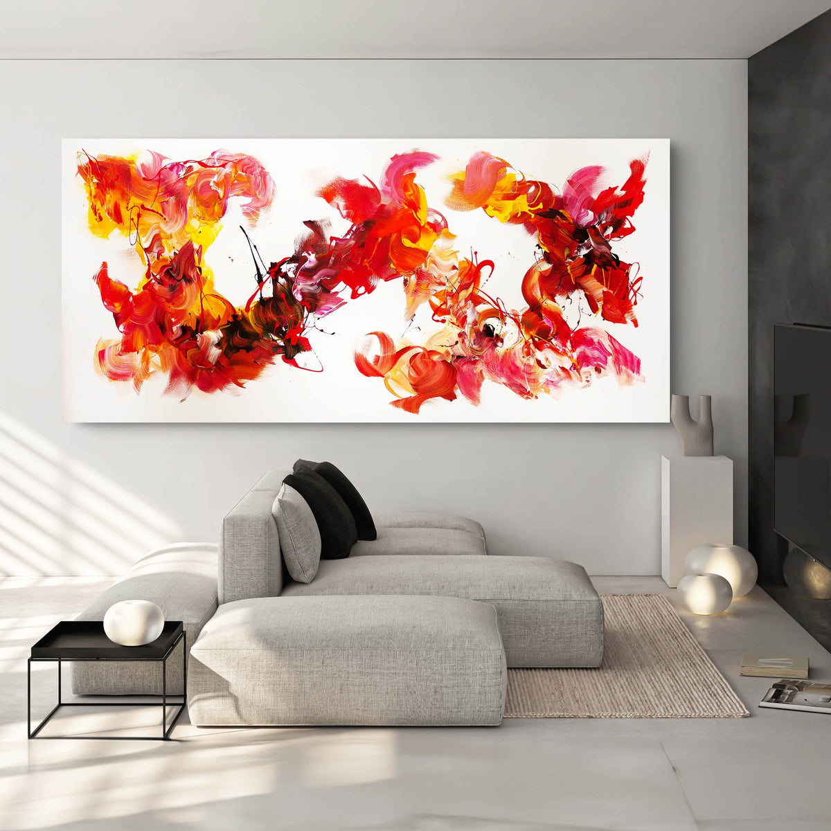 Summer Lights, original Orange, Red, White abstract painting by Paresh Nrshinga displayed in a contemporary interior.