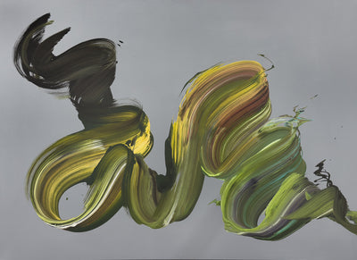 The Rhythm Within by Paresh Nrshinga, original abstract painting in olive green, golden yellow and charcoal on a cool grey background