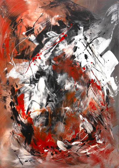 Contemporary abstract wall art in crimson, charcoal and white for modern interior design