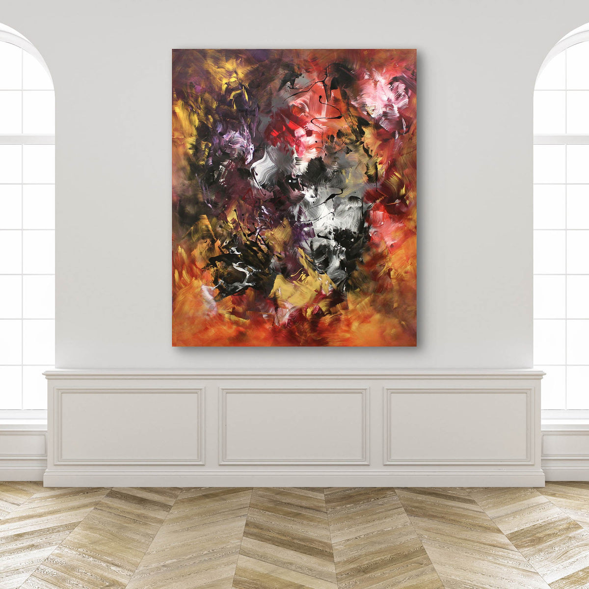 The World To Come, original Bronze, Brown, Gold abstract painting by Paresh Nrshinga displayed in a contemporary interior.