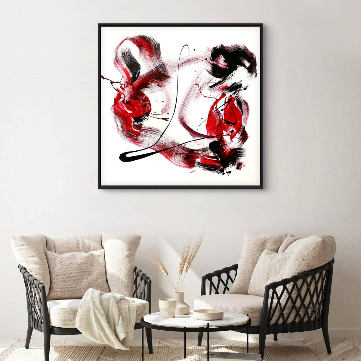 True Romance I, original Black, Crimson, Maroon abstract painting by Paresh Nrshinga displayed in a contemporary interior.