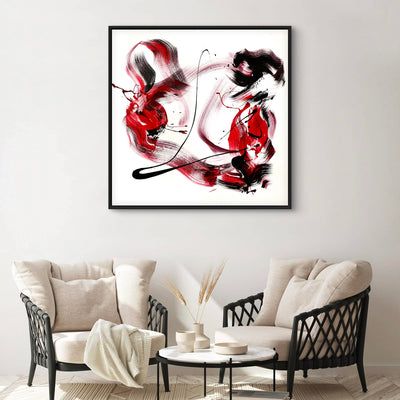 True Romance I, original Black, Crimson, Maroon abstract painting by Paresh Nrshinga displayed in a contemporary interior.